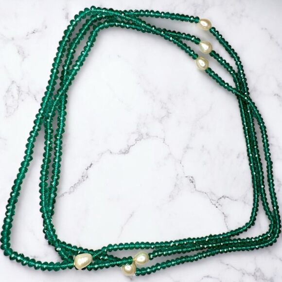 Flapper Length 56” Emerald Green Genuine Faceted Beads Necklace Genuine Pearls - Picture 2 of 4